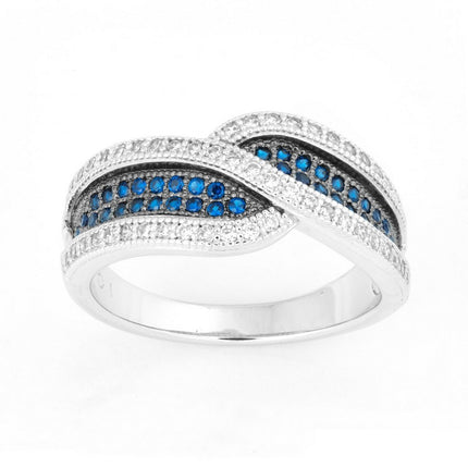 Sterling Silver Crossed Sapphire and White CZ Ring - W-9907 ,