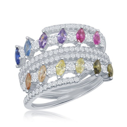 Sterling Silver Multi-Color Marquise CZ Double Ring - W-2441 ,