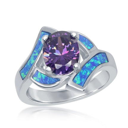 Women's Ring - Silver Blue Opal with Purple CZ Center, Size 8 | W-9594-8 ,