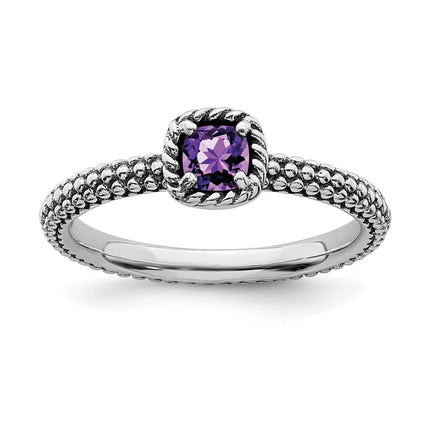Sterling Silver Stackable Expressions Checker-cut Amethyst Antiqued Ring | QSK743 ,