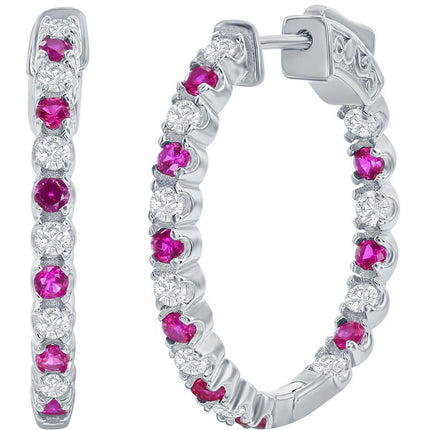 Classic Women's Earrings - Silver 3x25mm Created Ruby and White Sapphire | D-7962 ,