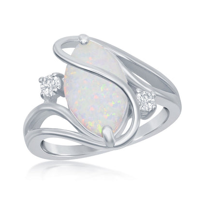 Sterling Silver White Inlay Opal Oval Twist With CZ Ring ,
