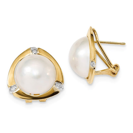 14k 12-13mm White Saltwater Mabe Pearl .06ct Diamond Omega Back Earrings ,