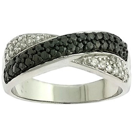 Classic Women's Silver Black CZ Overlapping Ring - W-8714 ,