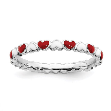 Sterling Silver Stackable Expressions Red & White Enamel Heart Ring | QSK1497 ,
