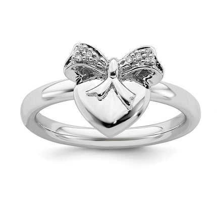 Sterling Silver Stackable Expressions Heart with Bow Diamond Ring | QSK329 ,