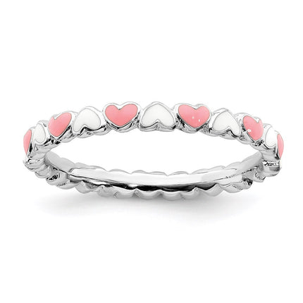 Sterling Silver Stackable Expressions Pink & White Enamel Heart Ring | QSK1496 ,