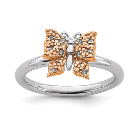 Sterling Silver & Rose Plated Stackable Expression Dia. Butterfly Ring | QSK1663 ,