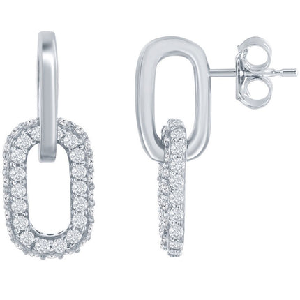 Classic Women's Earrings - Silver Micro Pave CZ Paperclip Post Back Closure | D-7970 ,