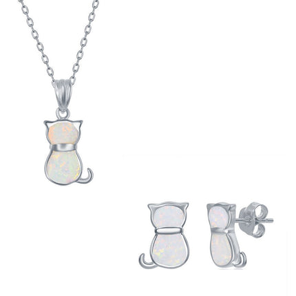 Women's Necklace and Earrings Set - Sterling White Inlay Opal Cat | SET-578 ,