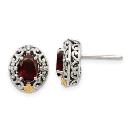 Sterling Silver w/ 14K Accent Garnet Post Earrings ,