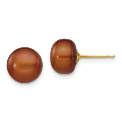 14k 8-9mm Coffee Button Freshwater Cultured Pearl Stud Post Earrings ,