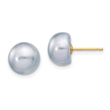14k 9-10mm Grey Button FW Cultured Pearl Stud Post Earrings ,