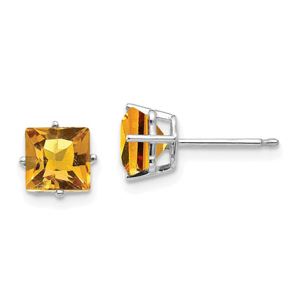 14k White Gold 6mm Princess Cut Citrine Earrings ,