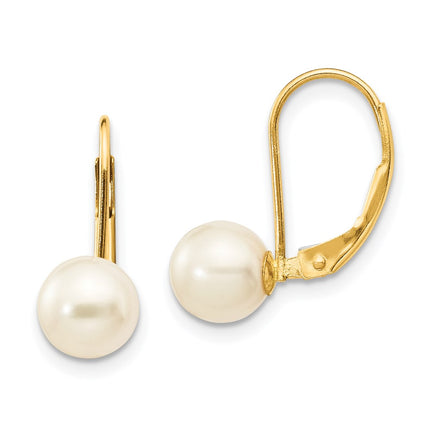 14K 6-7mm White Round Freshwater Cultured Pearl Leverback Earrings ,