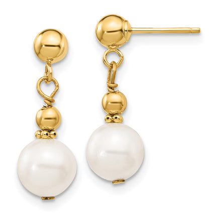 14K 7-8mm White Semi-round Freshwater Cultured Pearl Dangle Post Earrings ,