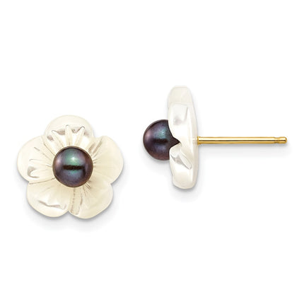 14k 3-4mm Black FW Cultured Pearl w/10 mm MOP Flower Post Earrings ,