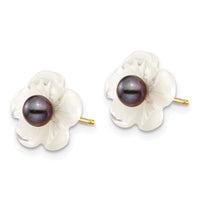 14k 3-4mm Black FW Cultured Pearl w/10 mm MOP Flower Post Earrings ,