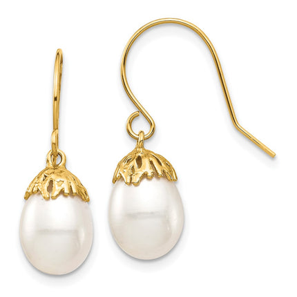 14K 7-8mm White Rice Freshwater Cultured Pearl Dangle Earrings ,