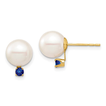 14K 8-8.5mm White Round Freshwater Cultured Pearl Sapphire Post Earrings ,