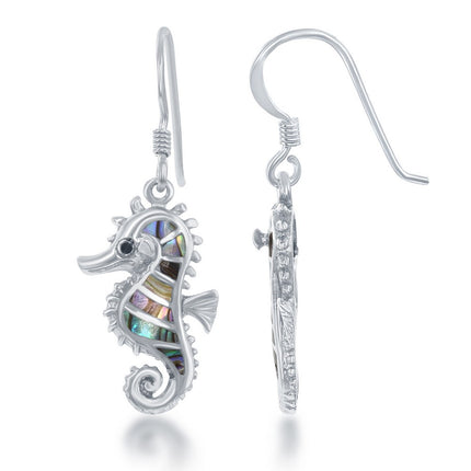 Sterling Silver Black Abalone Seahorse Earrings ,