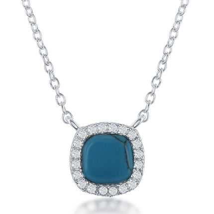 Sterling Silver Square Turquoise with CZ Border Necklace ,