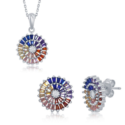 Sterling Silver Rainbow Baguettes CZ Disc Pendant & Earrings Set ,
