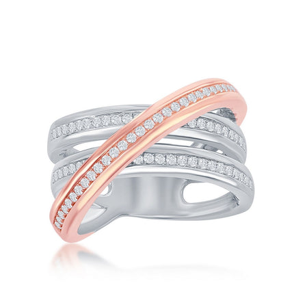 Sterling Silver Two-Tone CZ "X" Ring, Size 8 ,