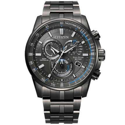 Citizen Men's Chronograph Watch - PCAT Black Dial Grey Bracelet Atomic | CB5887-55H ,