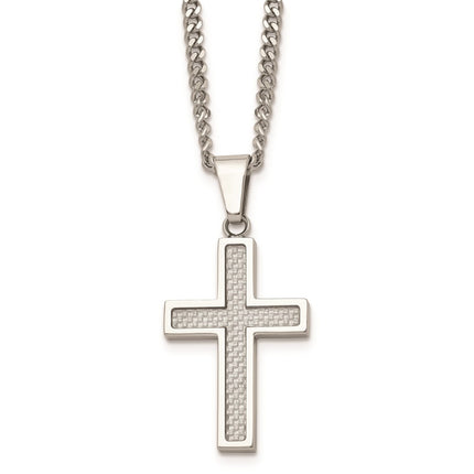 Stainless Steel Polished w/Grey Carbon Fiber Inlay Small Cross Necklace ,
