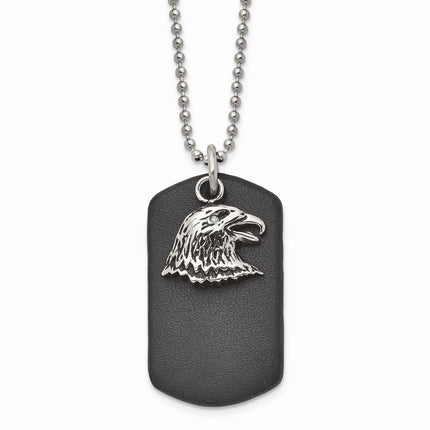Stainless Steel Polished and Antiqued Eagle and Leather Necklace ,