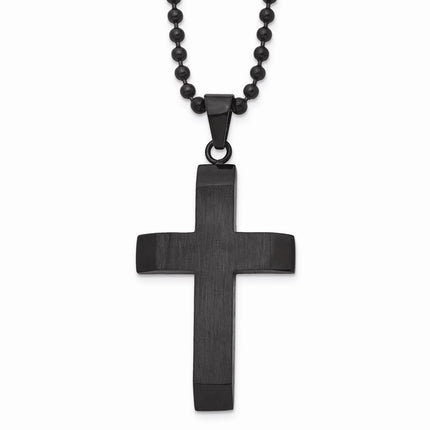 Stainless Steel Brushed & Polished Black IP-plated Cross Necklace ,