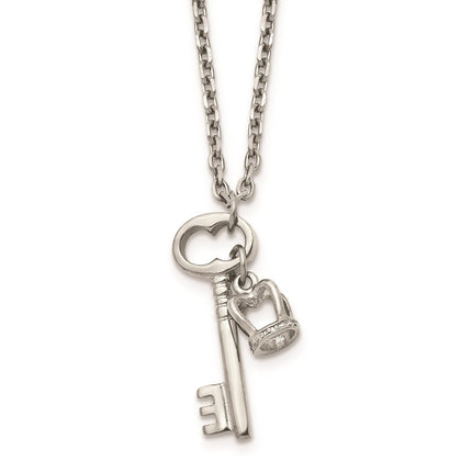 Stainless Steel Polished Key and Crown Pendant w/2 inch extension Necklace ,