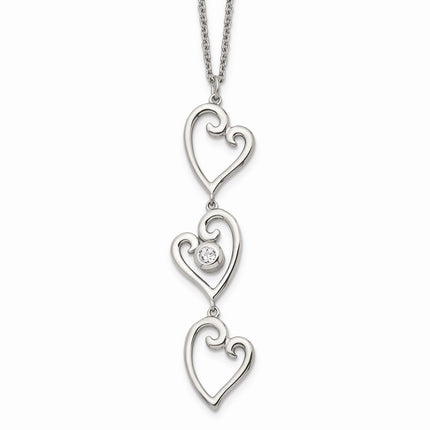 Stainless Steel Polished CZ Dangle Hearts with 2in ext. Necklace ,