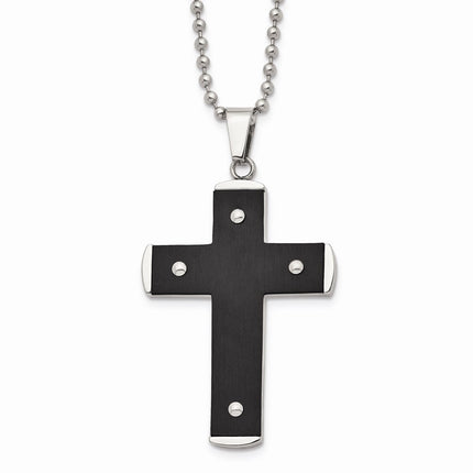 Stainless Steel Brushed and Polished Black IP-plated Cross Necklace ,