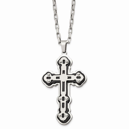 Stainless Steel Brushed and Polished Black IP-plated Cross Necklace ,
