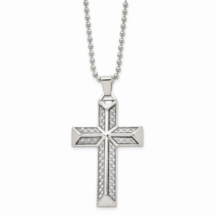Stainless Steel Polished with Carbon Fiber Inlay Cross Necklace ,
