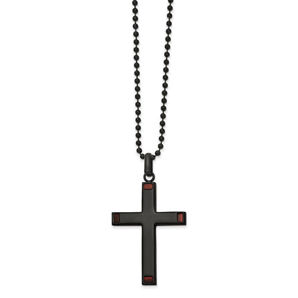 Stainless Steel Polished Black IP-plated with Tiger's Eye Cross 22in Neckla ,