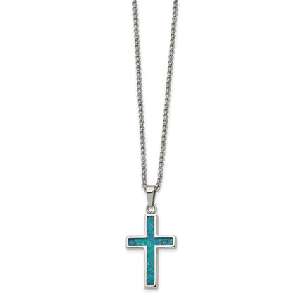 Stainless Steel Polished w/Imitation Opal 22in Small Cross Necklace ,