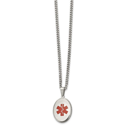 Stainless Steel Polished w/Red Enamel Oval Medical 20in Necklace ,