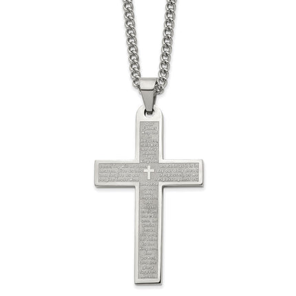 Stainless Steel Polished Lord's Prayer Cross 24in Necklace ,