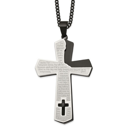 Stainless Steel Polished Black IP-plated Lord's Prayer Cross 24in Necklace ,