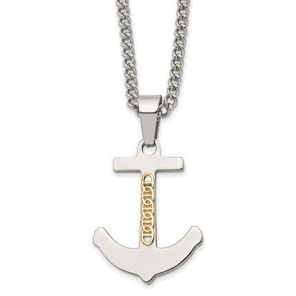 Stainless Steel w/14k Accent Polished Anchor 24in Necklace ,