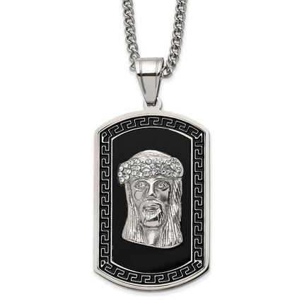 Stainless Steel Polished w/Black Enamel & Crystal Jesus DogTag Necklace ,