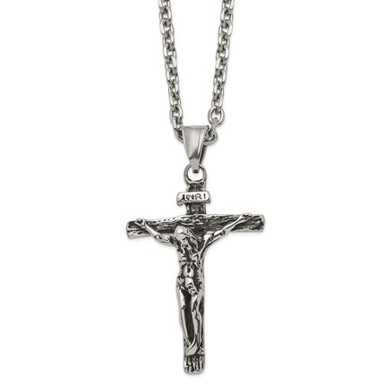 Stainless Steel Antiqued and Polished INRI Crucifix 24in Necklace ,