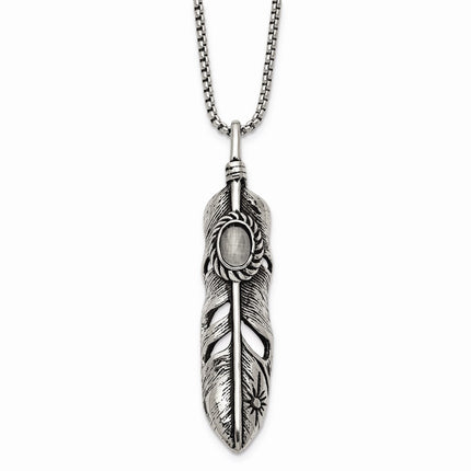 Stainless Steel Antiqued & Polished w/White Cat's Eye Feather 24in Necklace ,