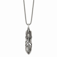 Stainless Steel Antiqued & Polished w/White Cat's Eye Feather 24in Necklace ,