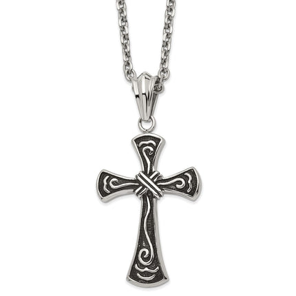Stainless Steel Antiqued and Polished Cross 24in Necklace ,