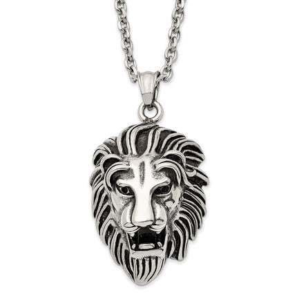 Stainless Steel Antiqued and Polished Lion Head 24in Necklace ,