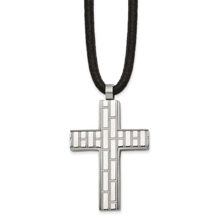 Stainless Steel Brushed & Polished Cross Blk Rubber Cord 19.5in Necklace ,